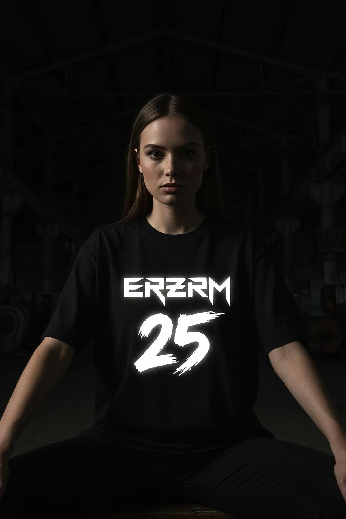 black oversized t-shirt with reflective white ERZRM 25 glow graphic print on chest, boxy streetwear fit