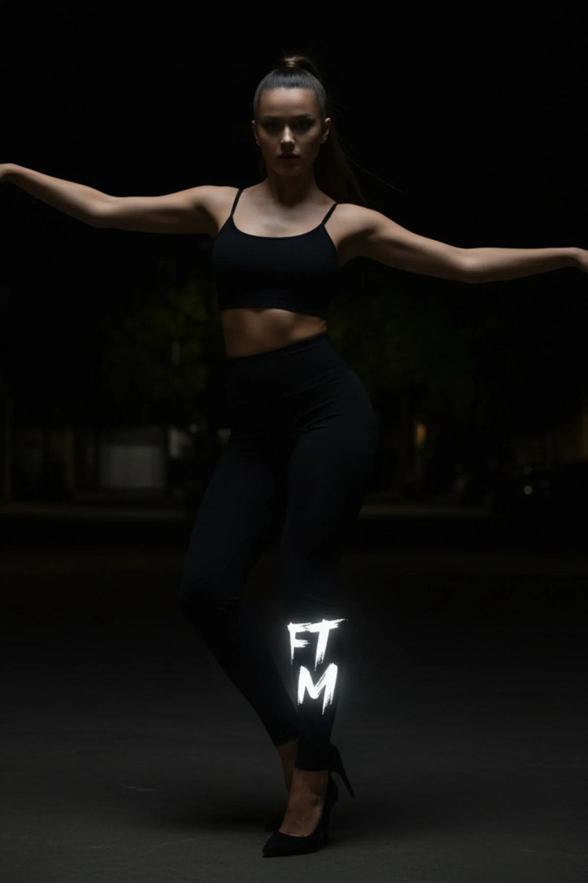 black glow-in-the-dark high-waist leggings with white reflective FT M brush-script logo on lower left leg