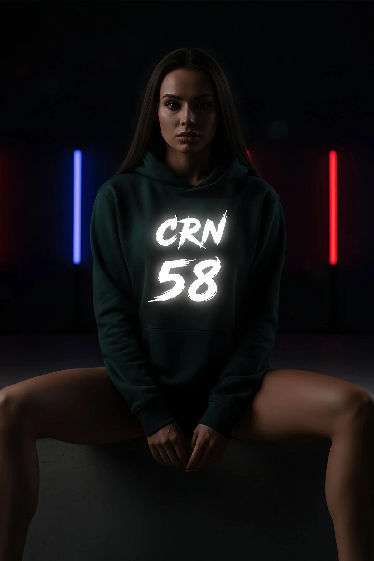 reflective custom graphic hoodie dark green fleece oversized with glowing white brushstroke print on chest