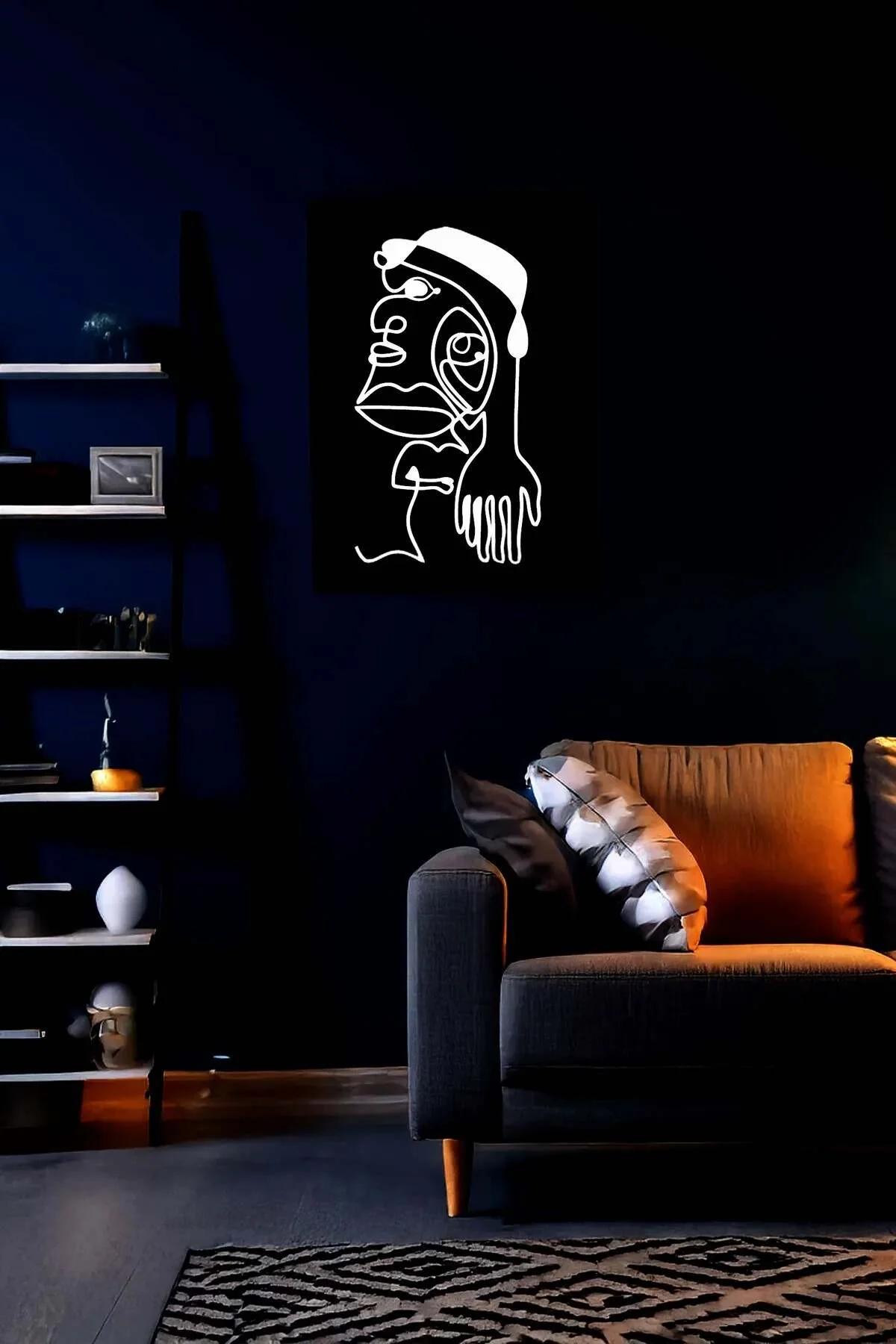 minimalist beyaz tek çizgi yüz portresi siyah zemin duvar tablosu salon dekorunda