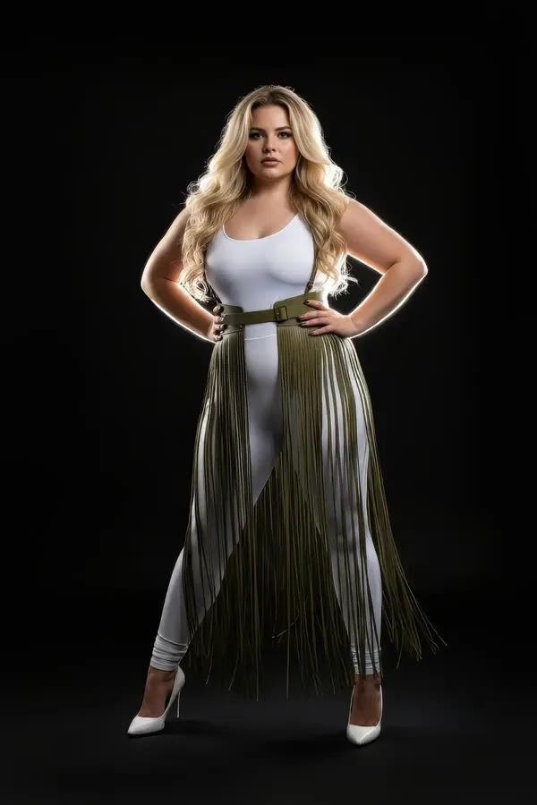 olive green high-waist faux leather fringe harness belt with long cascading strands and silver buckle closure