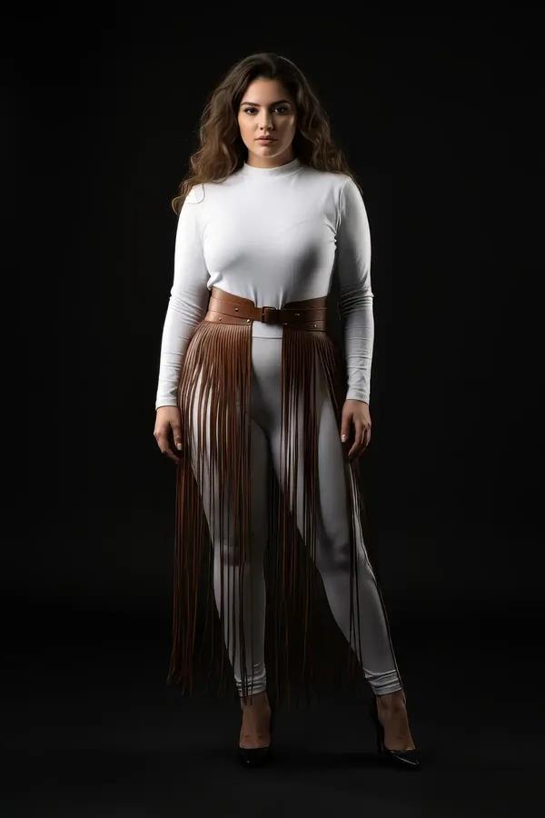 Brown faux leather waist harness skirt with long cascading fringe tassels over white leggings, gold buckle detail