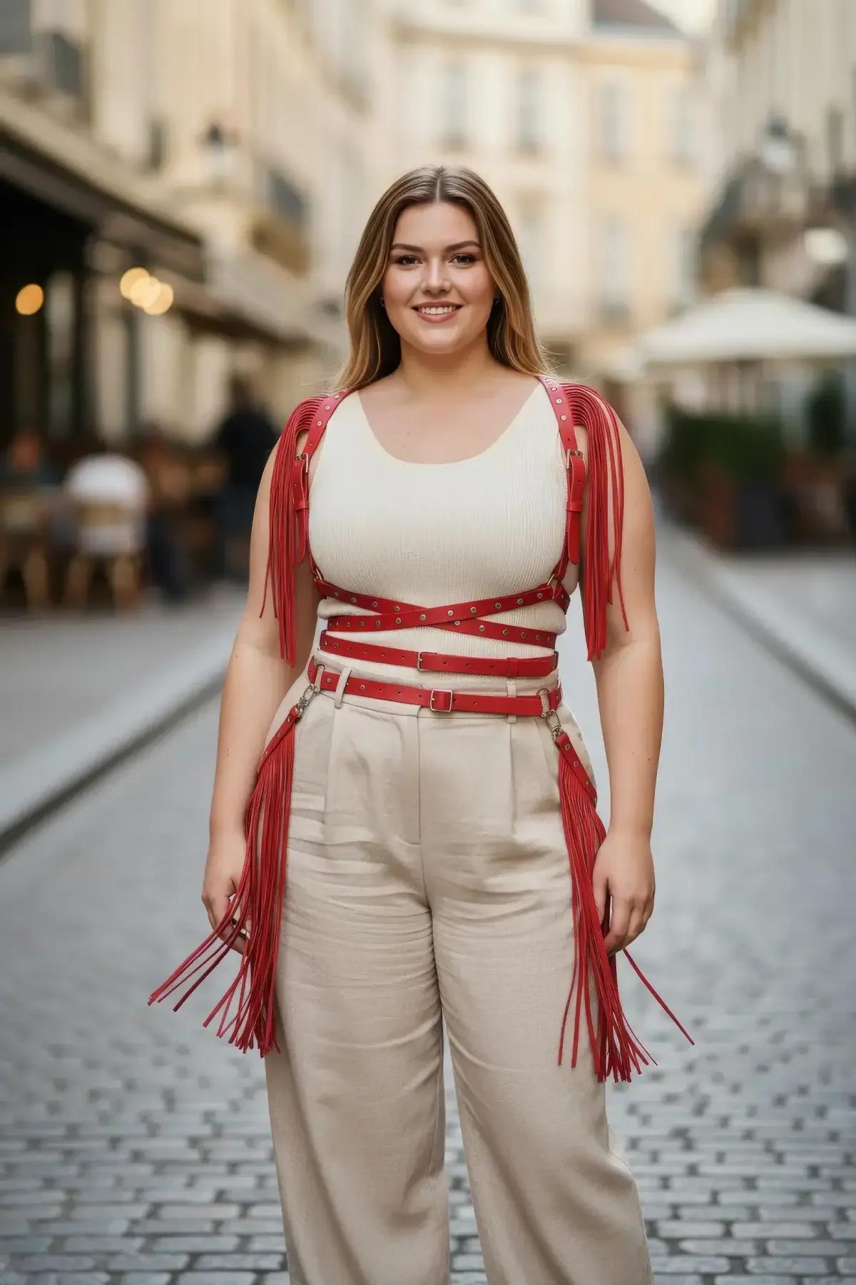 red faux leather body harness with long fringe shoulders and four-strap caged waist silver buckles plus-size model street