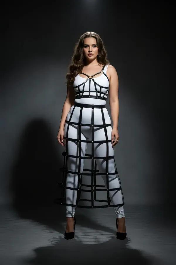 black faux leather full-length cage skirt harness with silver rivet detail at every strap intersection, floor-length grid sil