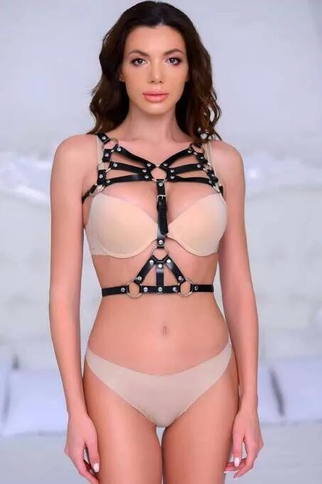 siyah vegan deri göğüs harness gümüş O-ring halkalı çok bantlı geometrik vücut aksesuar