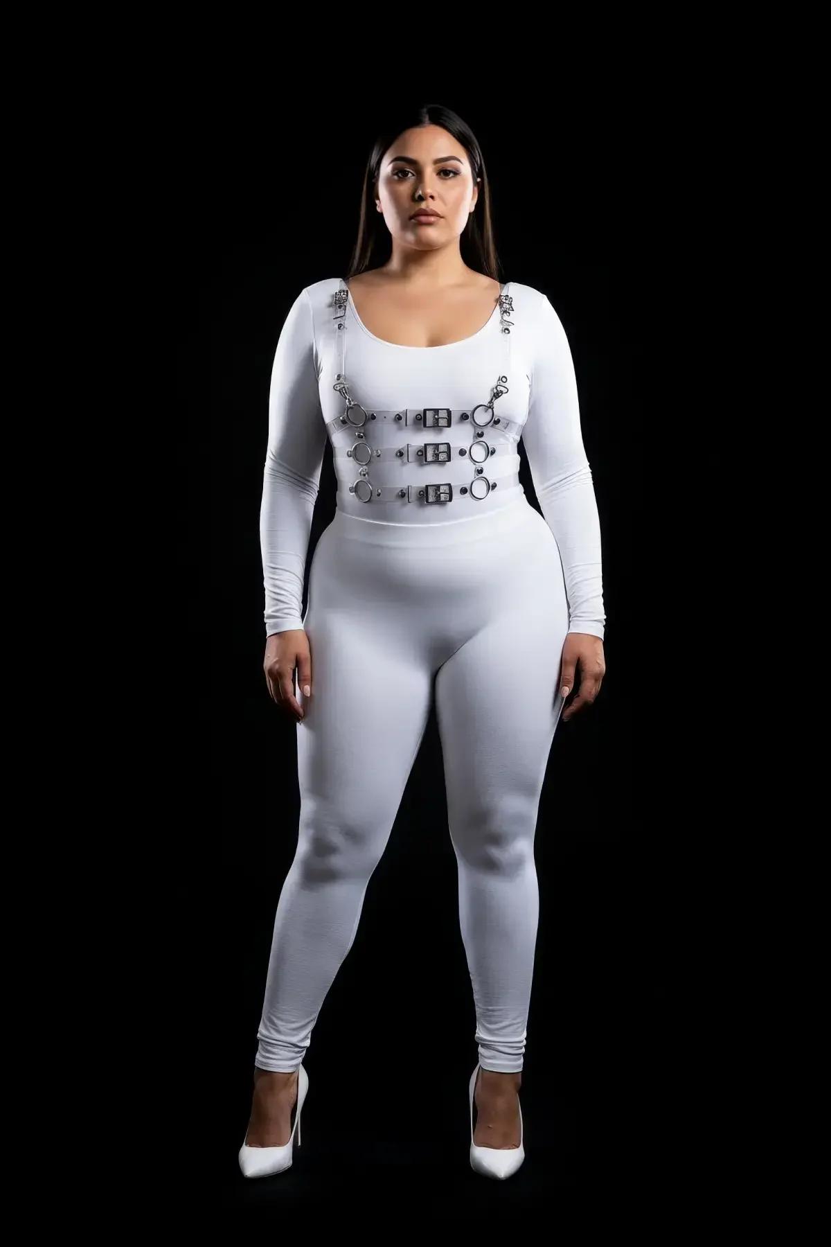 White body harness with three silver buckle rows and O-ring strap joints worn as chest harness over white outfit