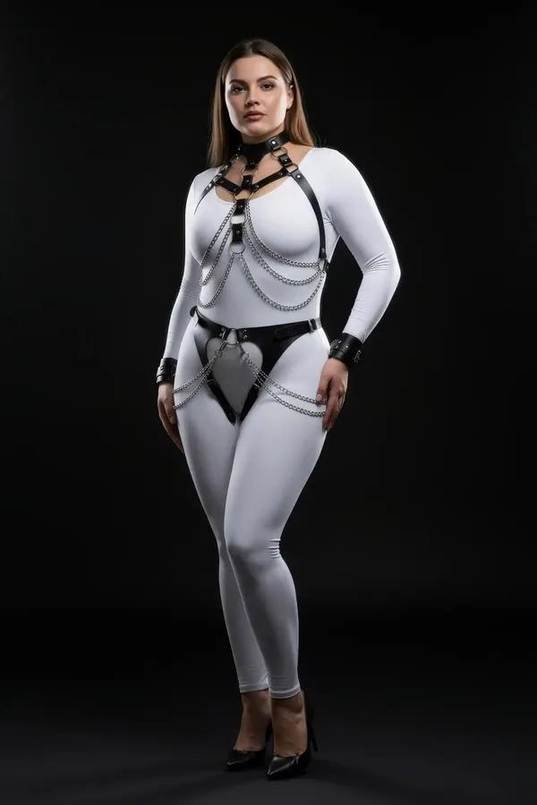 büyük beden siyah vegan deri harness takım gümüş çift sıra zincir detaylı boyunluk göğüs bandı kalça kemeri bileklik set