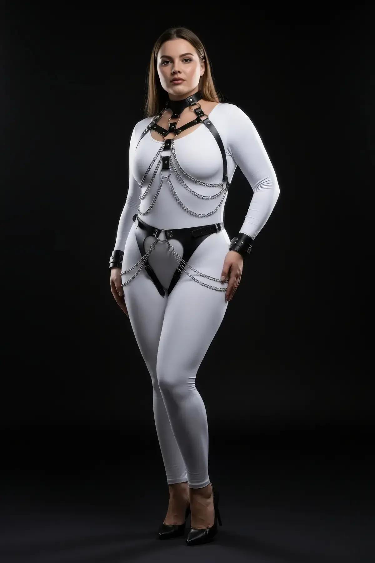 Black faux leather full body harness with cascading silver chains, choker collar, thigh straps and wrist cuffs on plus-size m