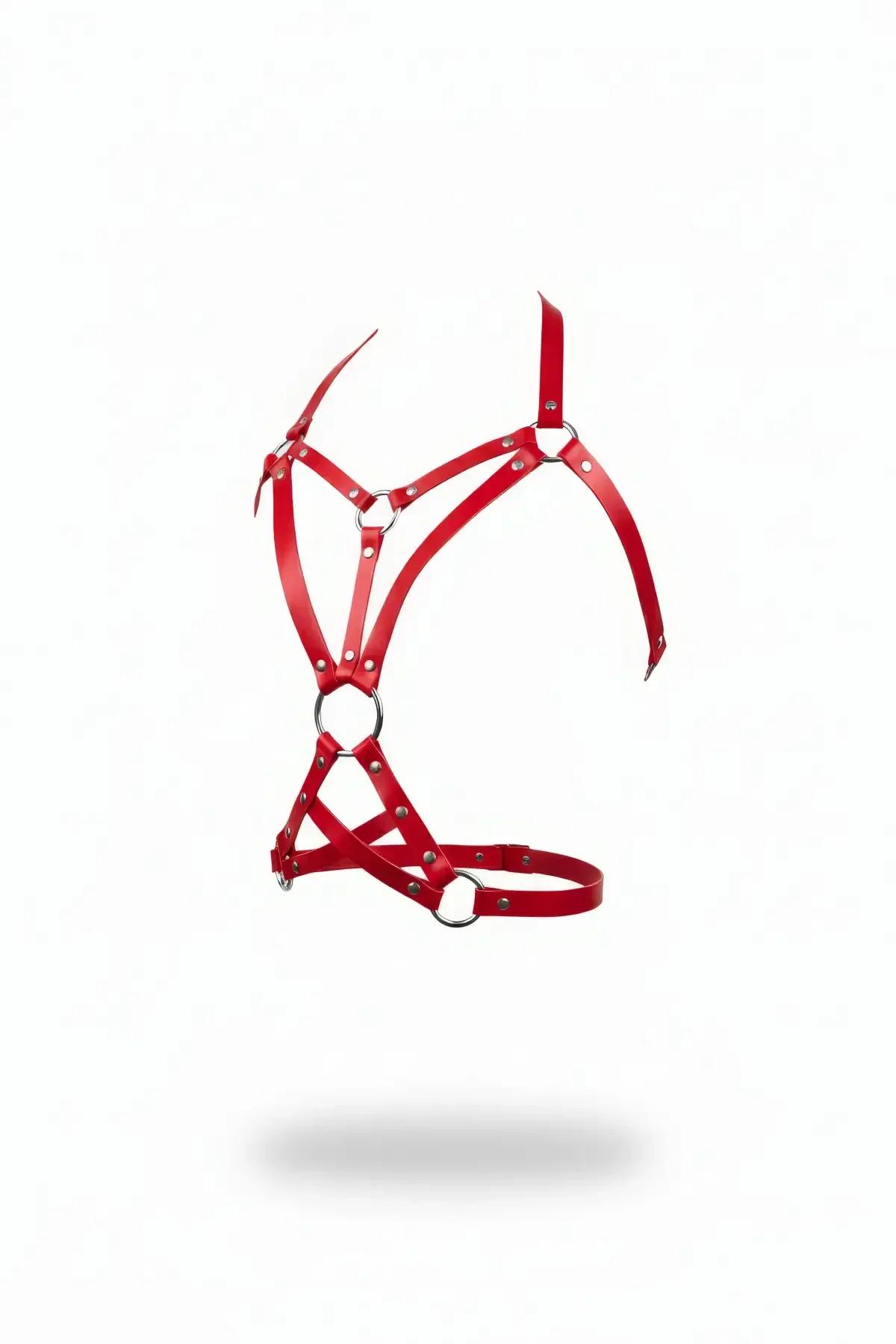 kırmızı suni deri vücut harness gümüş metal O-halkalar çapraz bant göğüs bel harness