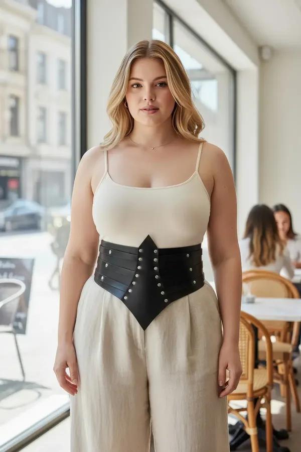 black faux leather waist cincher belt with silver dome studs and pointed chevron front panel worn over cream camisole