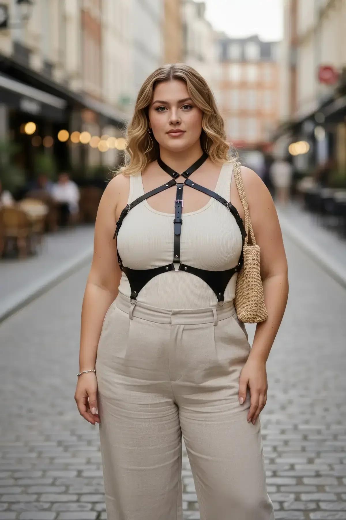 black faux leather chest harness with silver O-ring and X-cross adjustable straps worn over cream tank top
