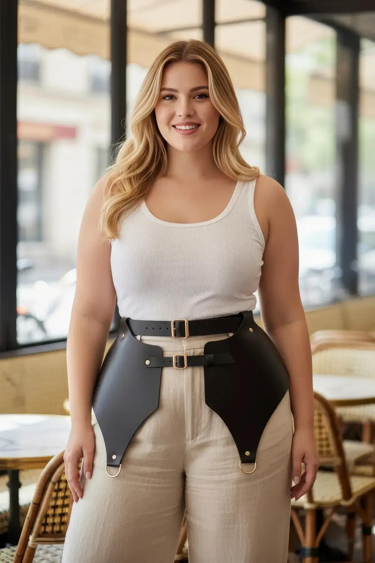 black faux leather hip harness with double waist belts and gold-tone buckles, contoured side panels over linen trousers