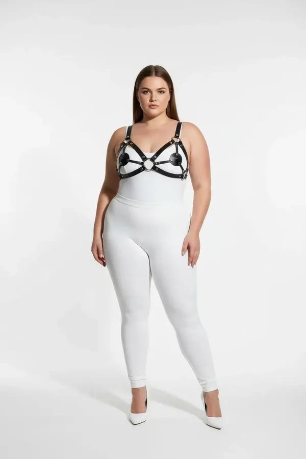 büyük beden siyah vegan deri sütyen harness gümüş O-halka ve perçin detaylı göğüs aksesuar