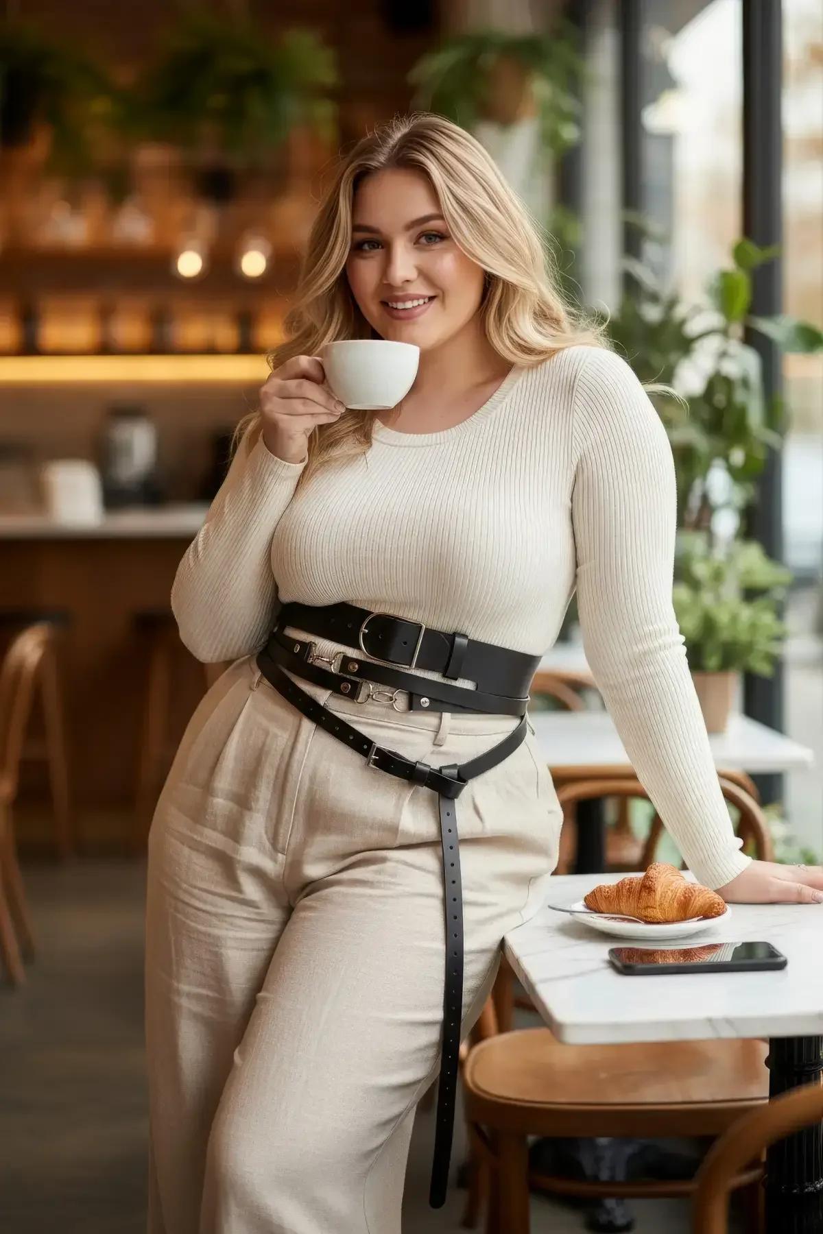 black faux leather multi-strap waist harness belt with silver buckle details worn over cream ribbed knit top