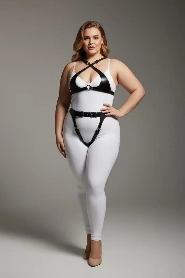 büyük beden siyah vegan deri harness takım jartiyer detaylı, çapraz göğüs askısı ve O-ring, gümüş metal toka