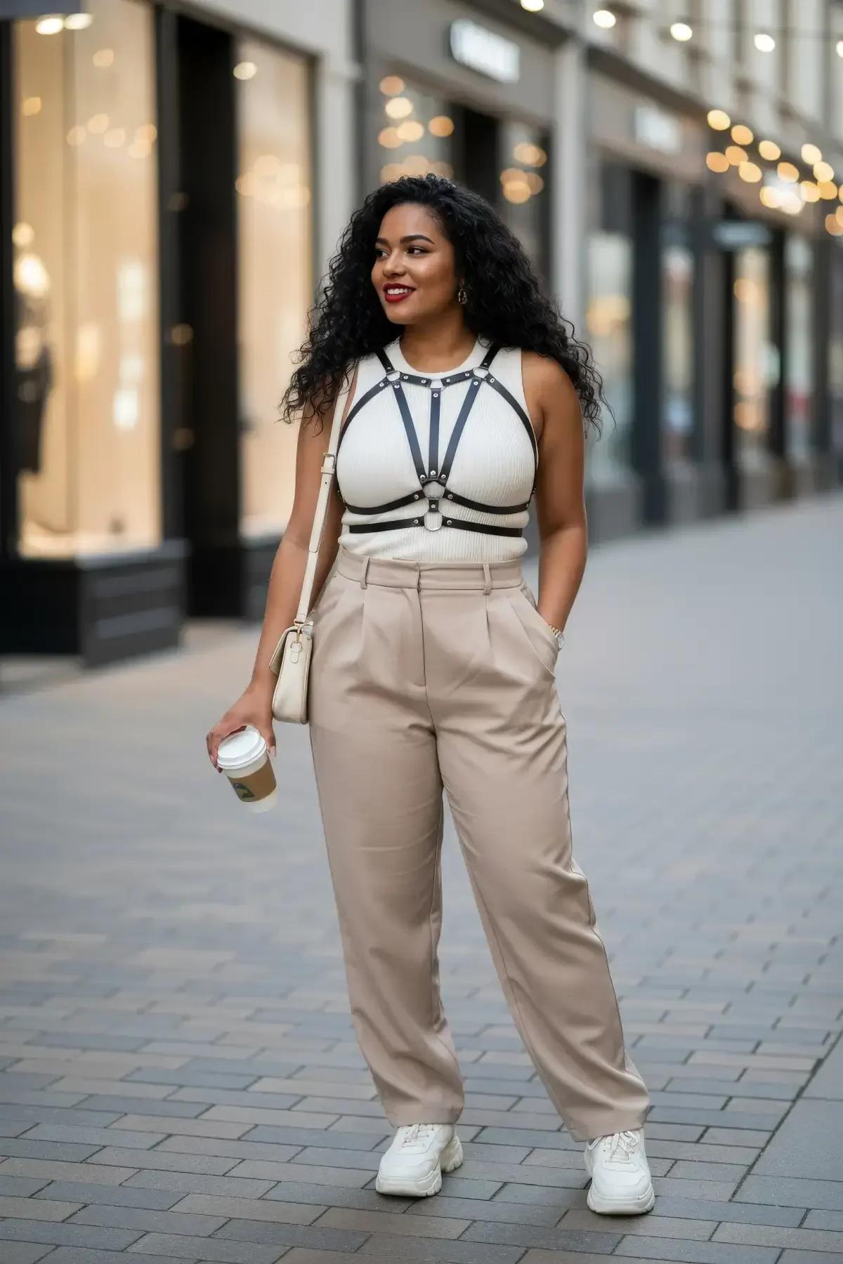 Black faux leather caged chest harness with silver O-rings worn over white tank top, street style look