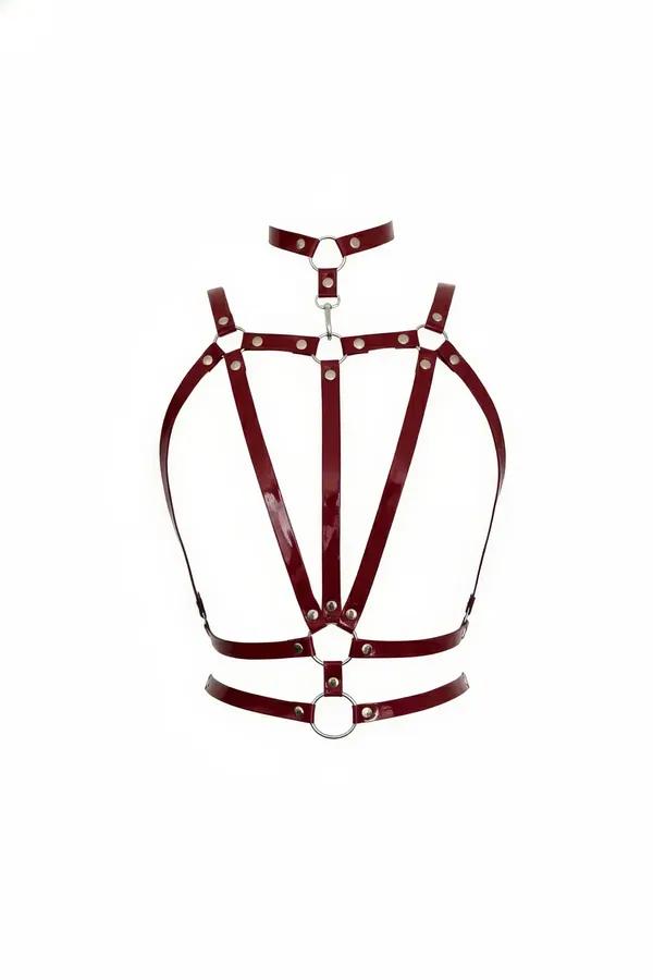 bordo parlak suni deri vücut koşum takımı gümüş O-halka ve dom perçin detaylı choker yakalı