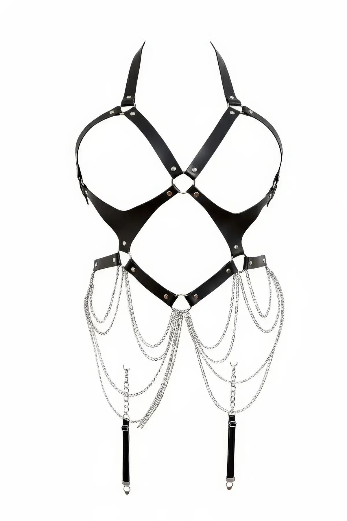 Siyah suni deri body harness gümüş sarkıt zincir ve bacak askısı detaylı vücut aksesuarı