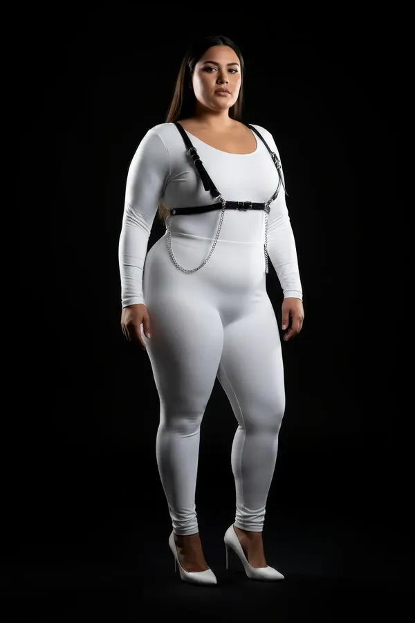black faux leather chest harness with detachable silver waist chain worn by plus-size model over white bodysuit