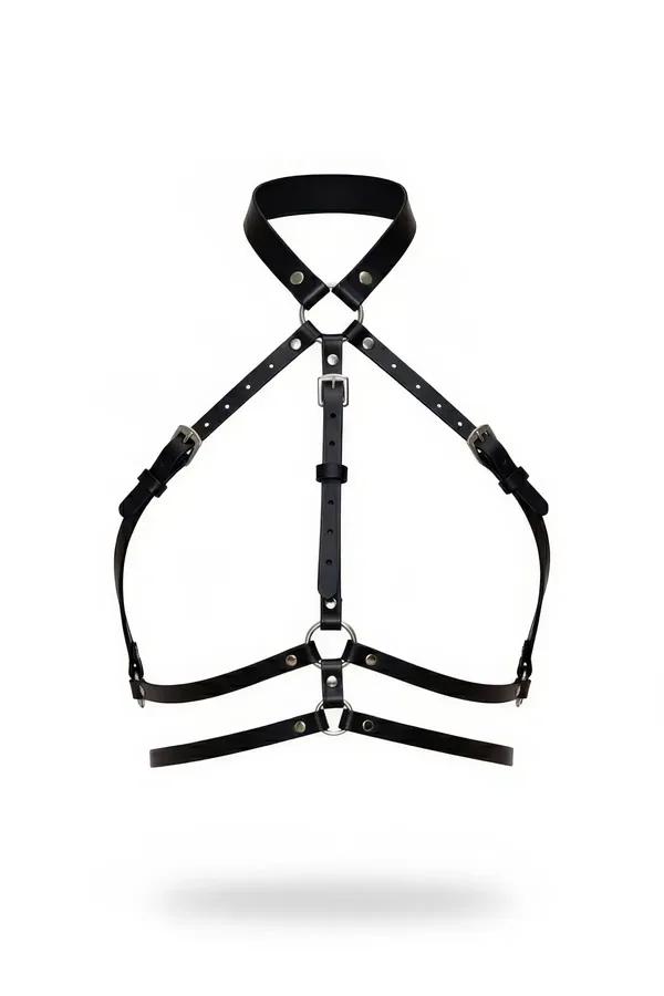 siyah suni deri vücut harness aksesuar çapraz bantlı gümüş metal toka ve O-halka detaylı