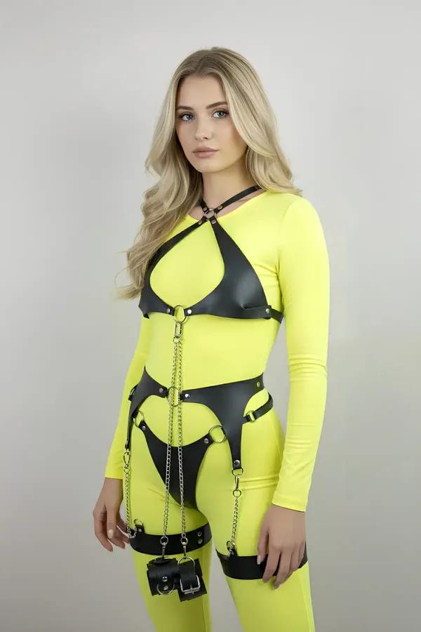 siyah vegan deri harness takım gümüş zincir detaylı bralette bel bandı uyluk bantları ve bilek kelepçesi seti