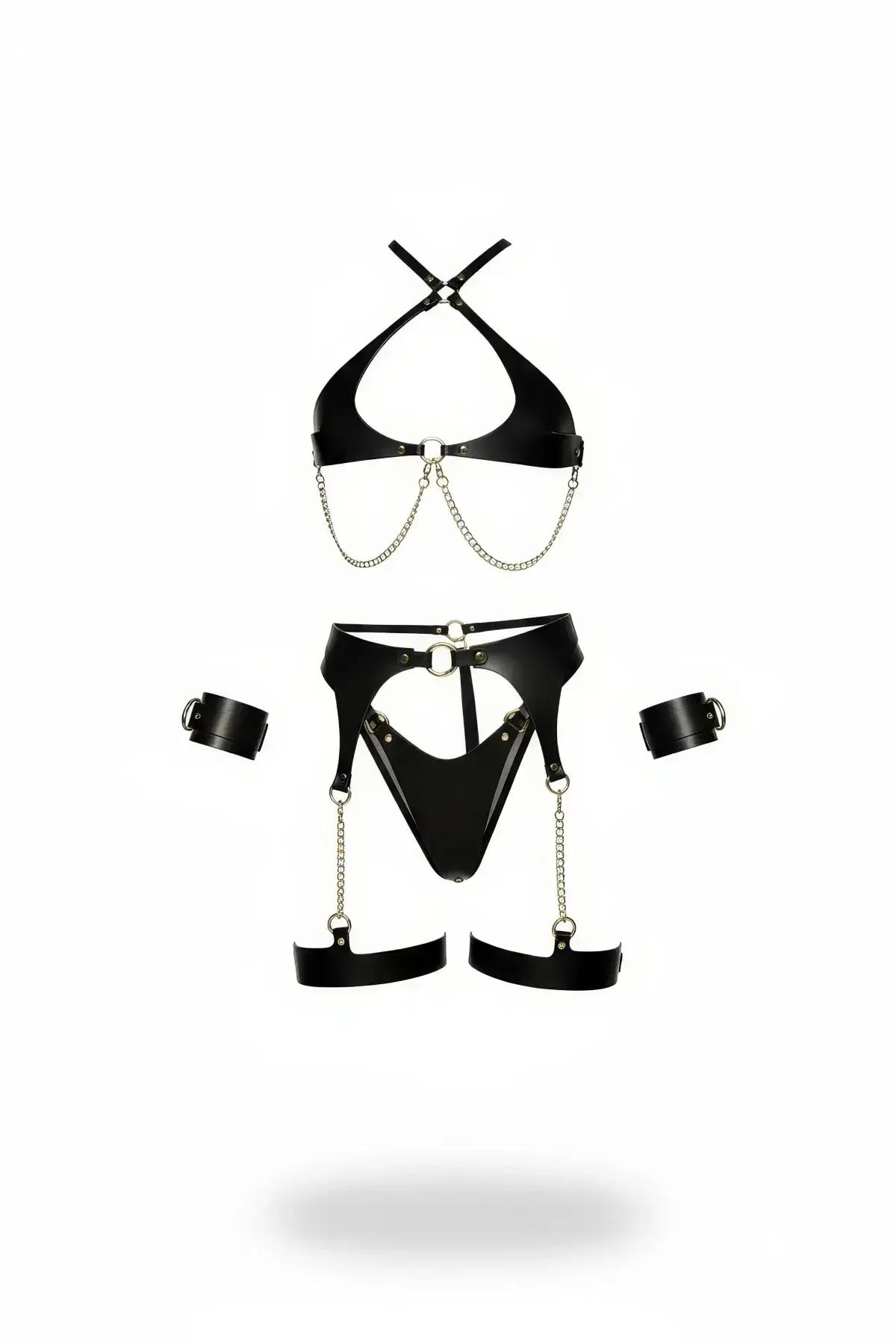 siyah suni deri harness takım zincir detaylı kelepçeli set gümüş O-ring 4 parça