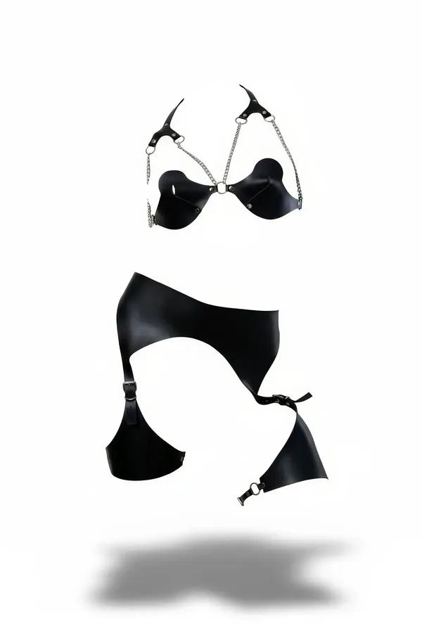 siyah suni deri harness bralet set gümüş zincir ve O-halka detaylı jartiyer bantlı iki parça takım
