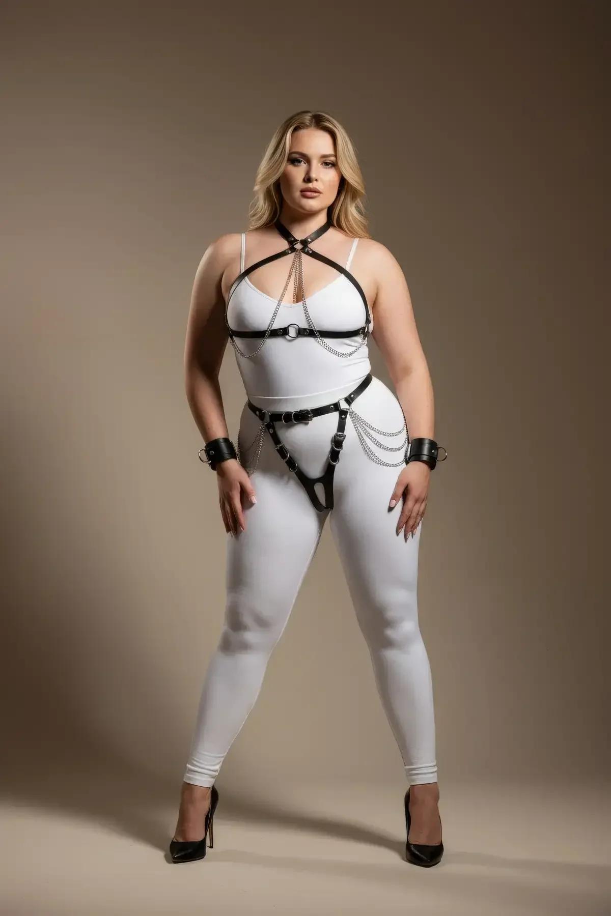 Black faux leather full body harness with silver chains, choker, and wrist cuffs worn over white bodysuit, plus size model