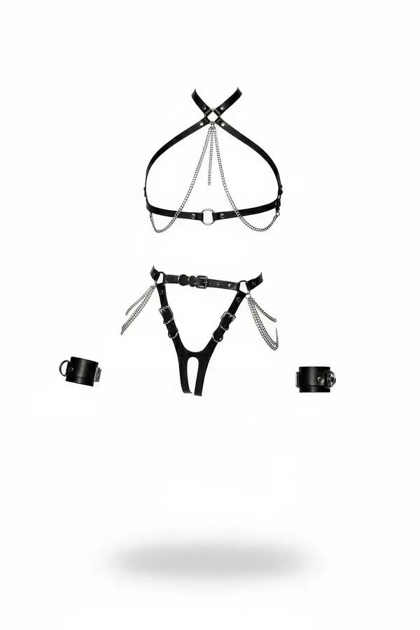 Siyah vegan deri 3 parçalı harness takım gümüş zincir detaylı göğüs bel harness ve bileklik seti