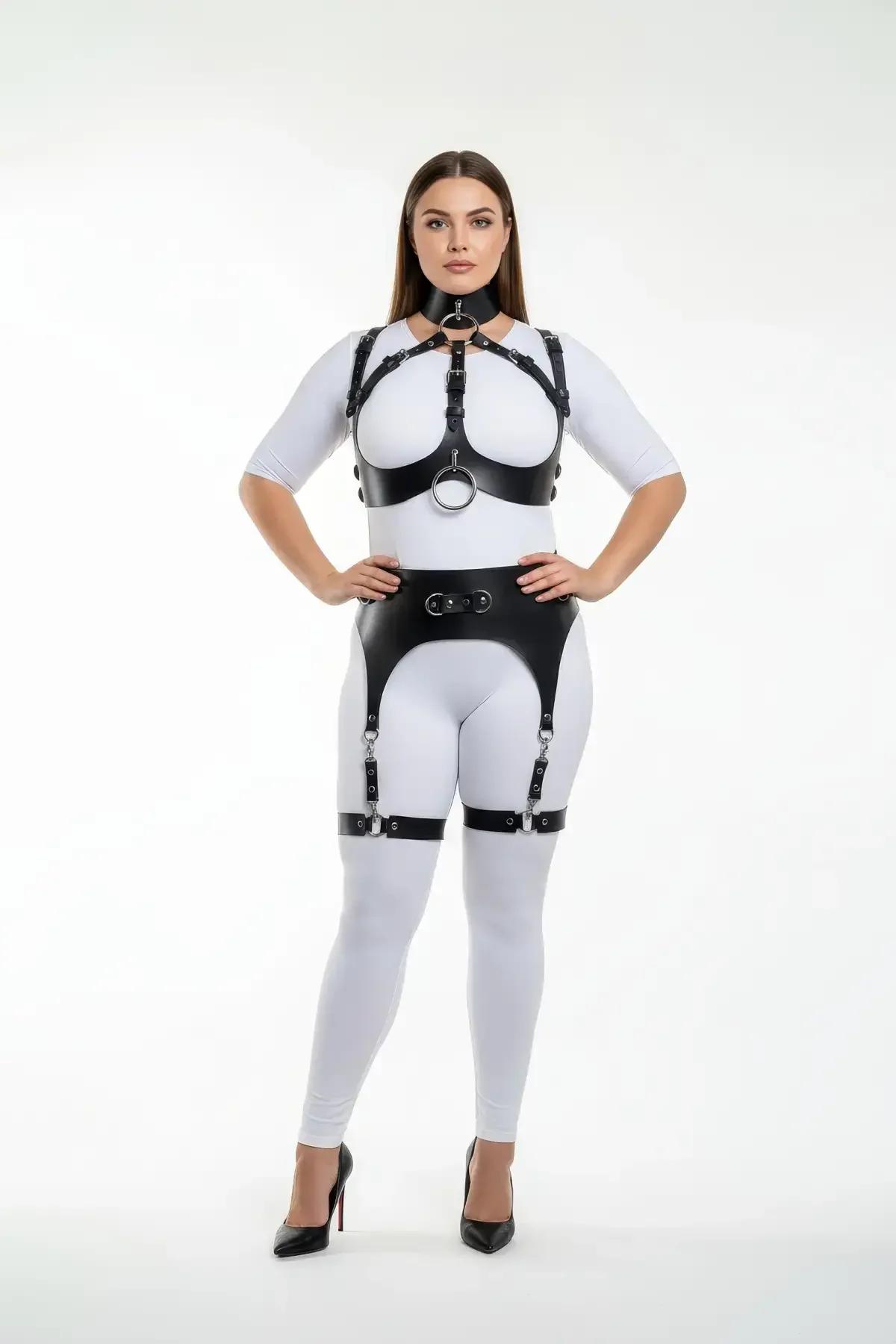black faux leather full body harness with silver O-ring chest collar and garter thigh straps plus size model