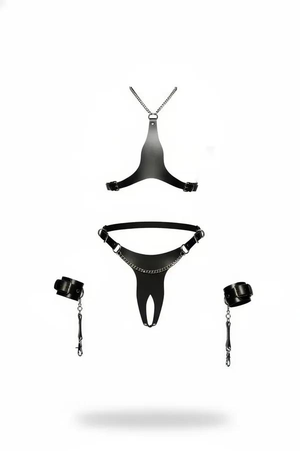 siyah vegan deri harness takım zincir detaylı 4 parça: üst harness, alt harness ve iki bilek kelepçesi gümüş krom kancalı
