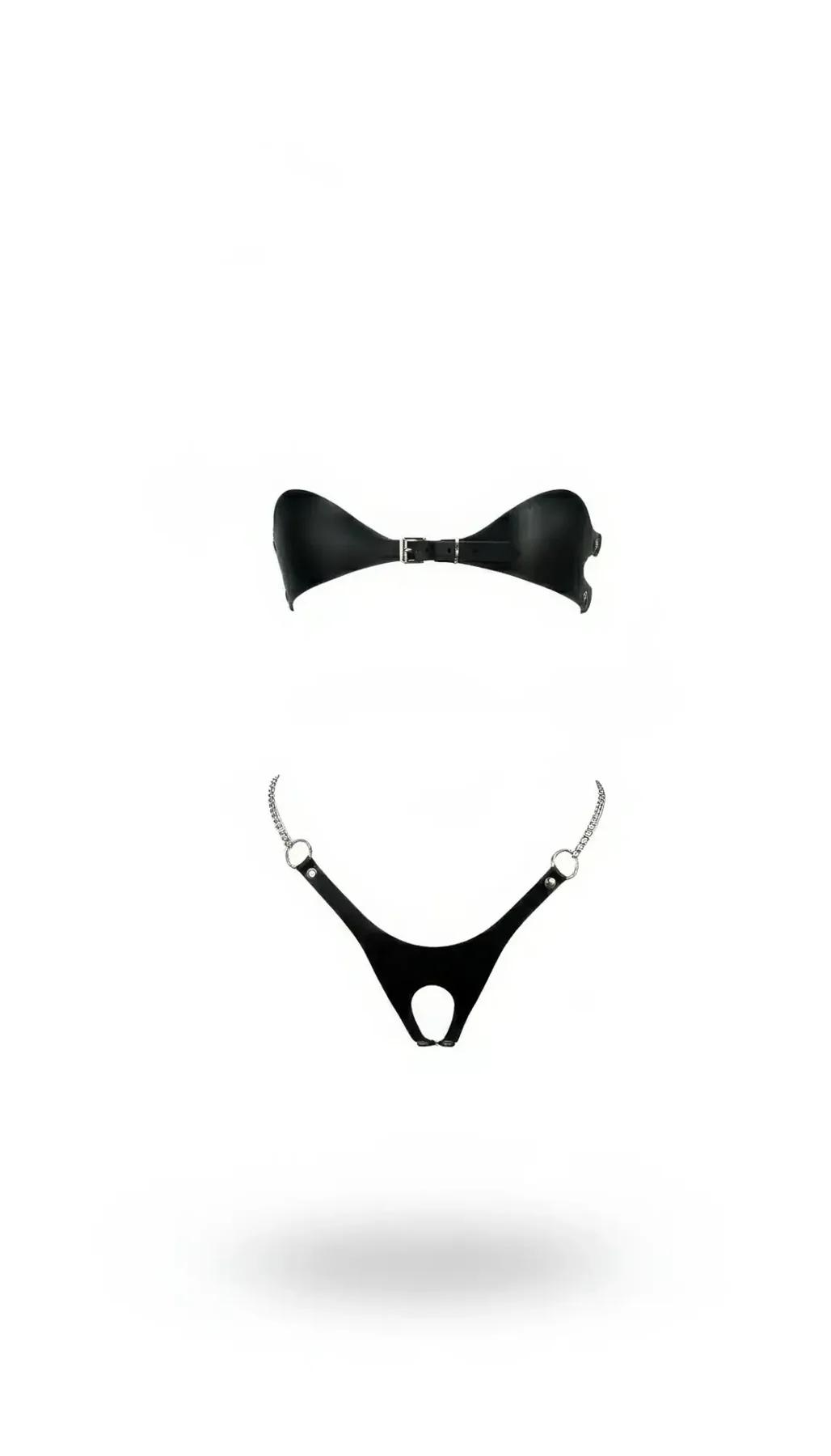siyah suni deri strapless bralet ve gümüş zincirli harness alt takımı, iki parçalı set