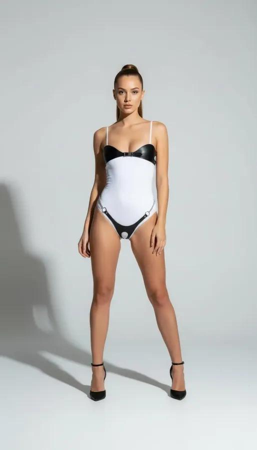 siyah vegan deri kupalu beyaz harness body takım gümüş metal halka ve zincir detaylı tam vücut görünüm