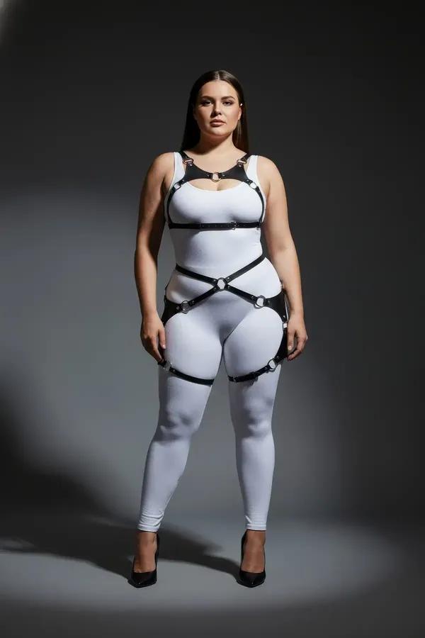 büyük beden siyah vegan deri harness takım gümüş O-halka detaylı göğüs bel uyluk bantlı tam vücut seti
