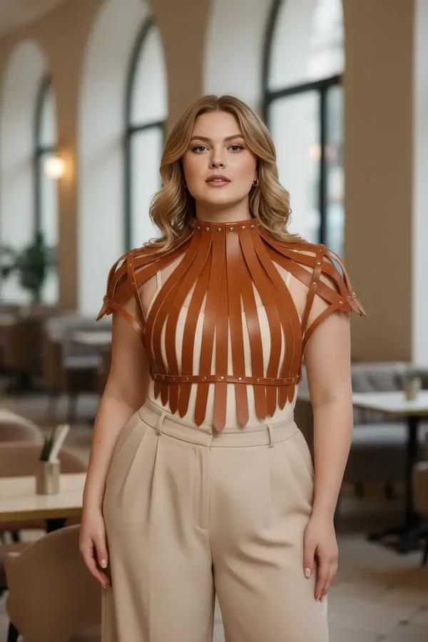 tan faux leather high-neck harness top with radiating straps and gold dome studs worn over cream bodysuit