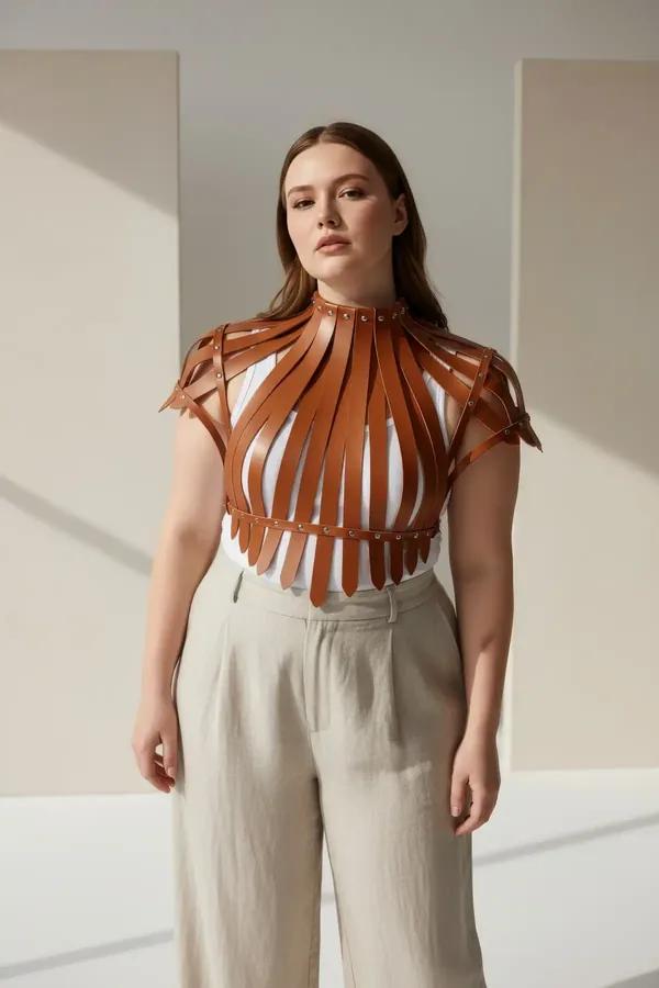 tan faux leather high-neck harness top with radiating straps and gold dome studs worn over cream bodysuit