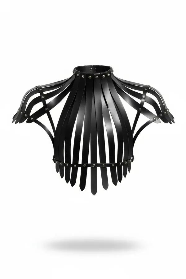 Siyah vegan deri şeritli vücut zinciri harness, gümüş perçinli bel bandı ve sivri fringe uçlu çok şeritli tasarım