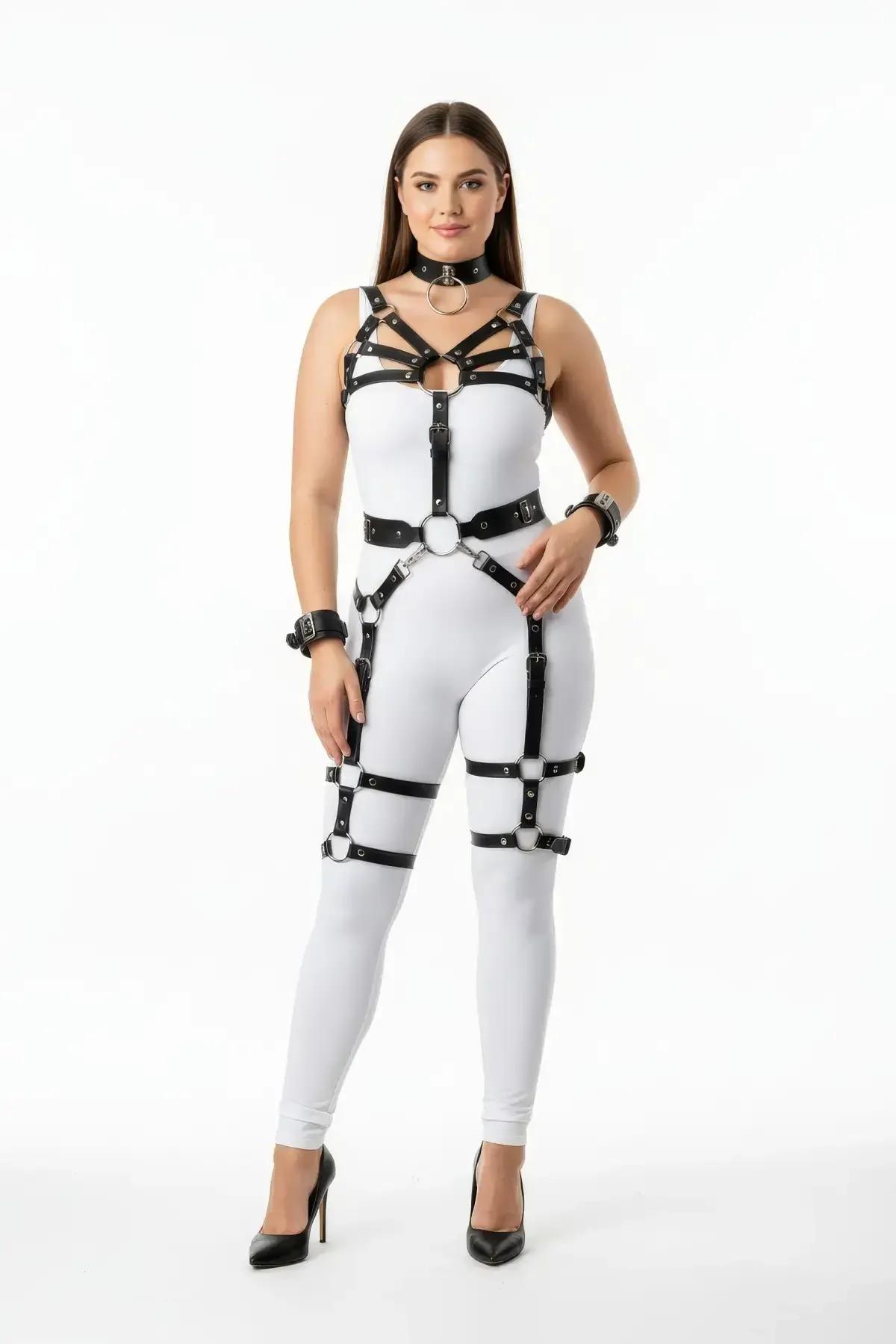 black vegan leather full body harness set with chest cage straps, O-ring waist belt, thigh and calf leg garters, silver buckl