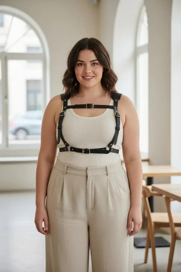 büyük beden siyah vegan deri korse harness gümüş tokalı göğüs ve bel bantlı vücut aksesuarı