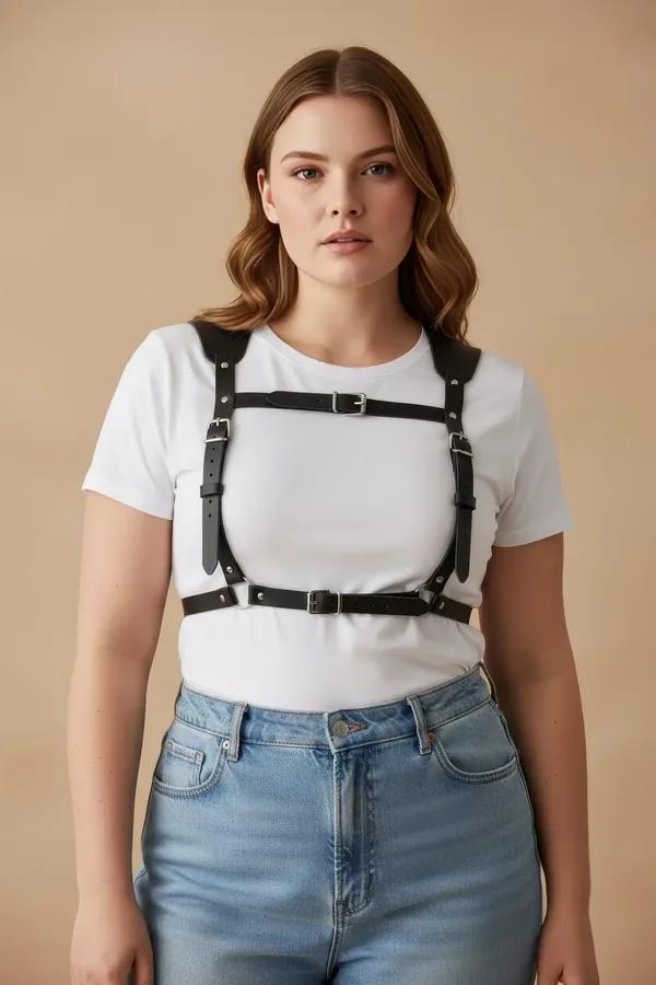 büyük beden siyah vegan deri korse harness gümüş tokalı göğüs ve bel bantlı vücut aksesuarı