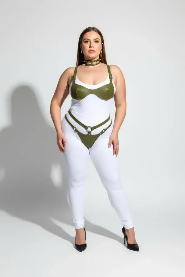 Büyük beden haki vegan deri harness takım, balkon sütyen ve altın O-halkalı bel bandı, choker tasma ile