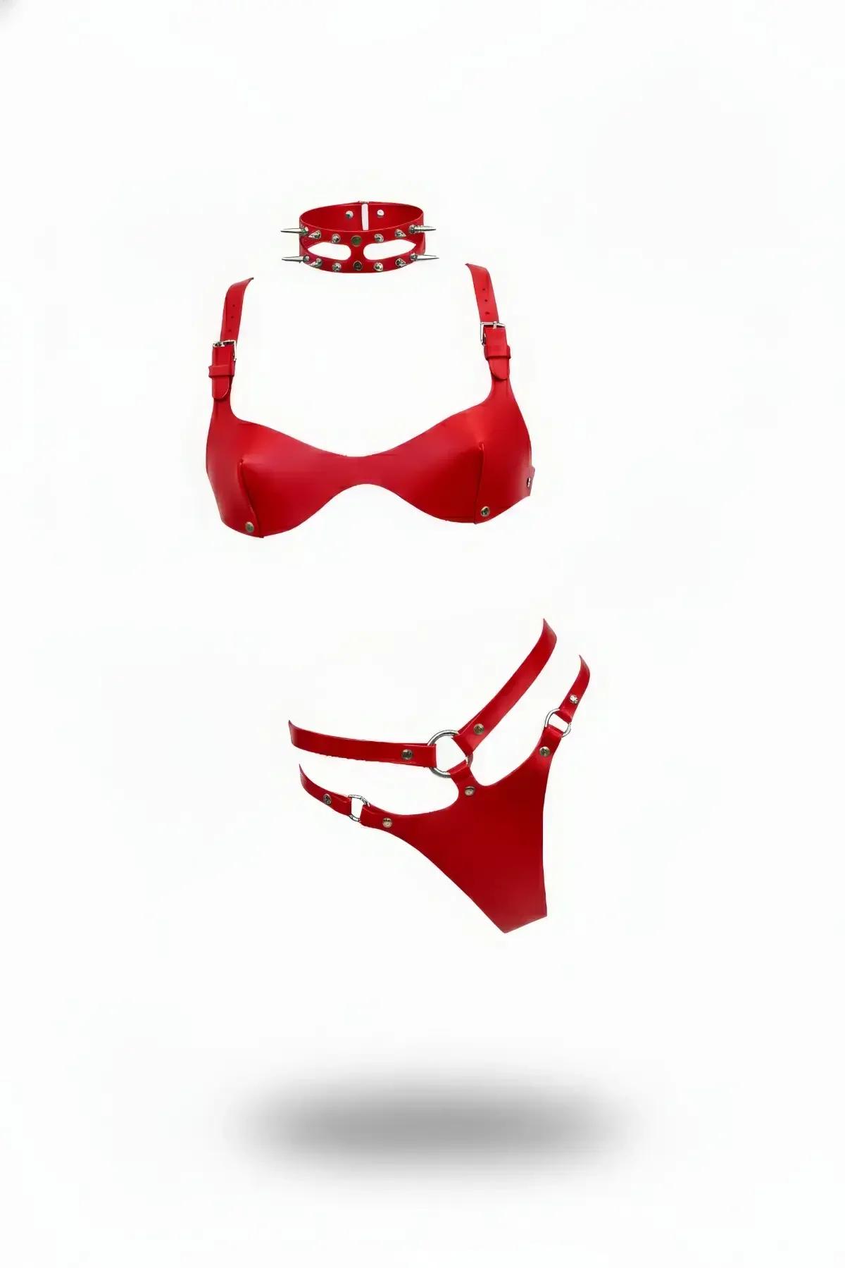 kırmızı vegan deri harness takım gümüş çivili boyunluk yarım kupa sütyen ve harness külot 3 parça set