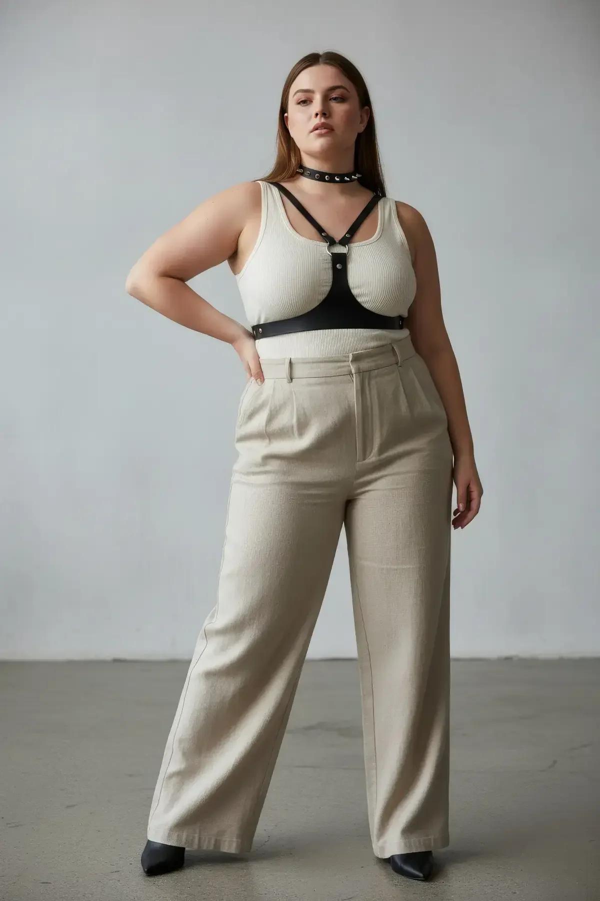 Black faux leather studded chest harness with integrated choker and silver O-ring worn over cream ribbed top