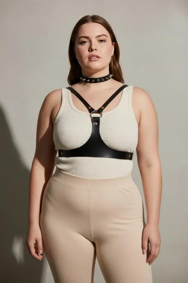 büyük beden siyah zımba detaylı vegan deri harness choker ve O-ring tokası ile vücut aksesuarı