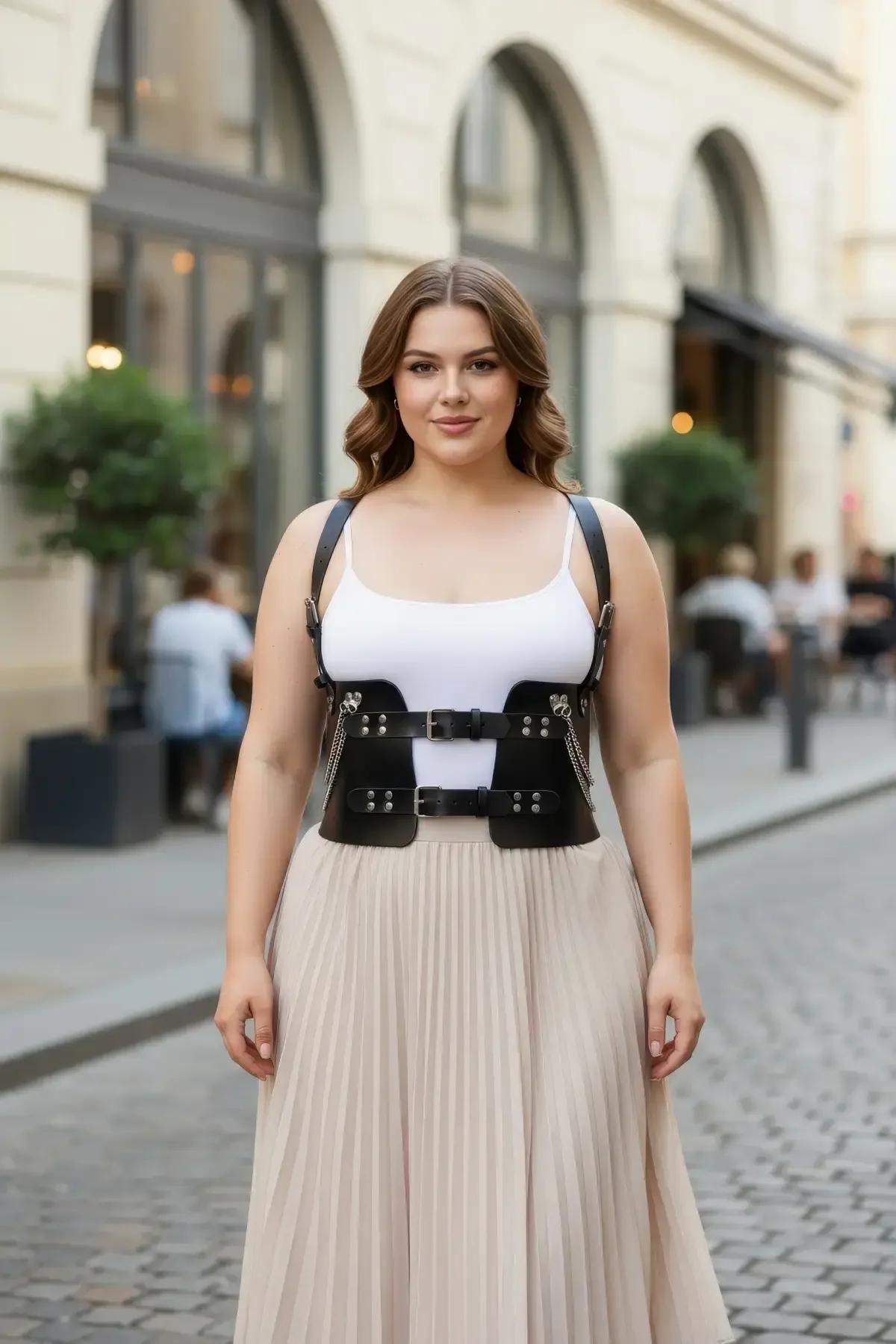 black faux leather underbust body harness with silver chain accents and buckle hardware worn over white top