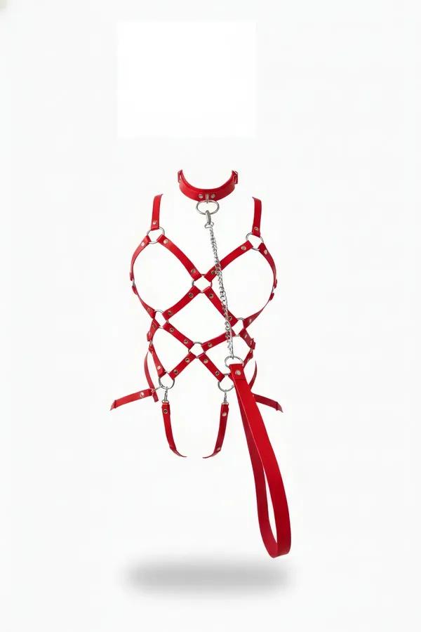 kırmızı vegan deri full body harness takımı gümüş zincir ve O-halka detaylı çapraz bantlı