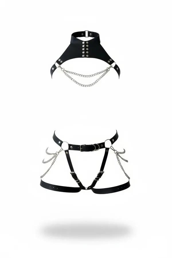 Siyah vegan deri jartiyer harness ikili takım gümüş zincir ve perçin detaylı göğüs bandı ve bel kemer seti