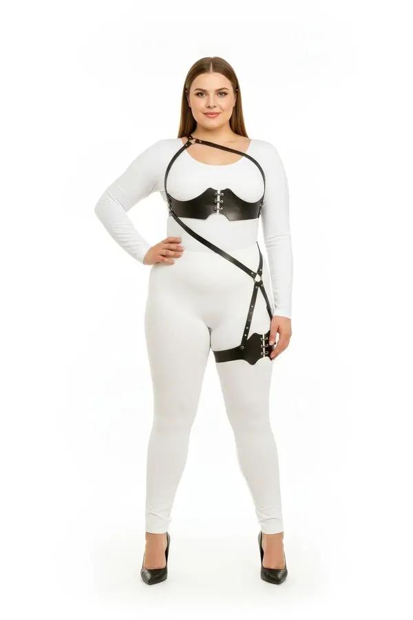 plus size black faux leather corset body harness with right thigh strap and silver hook-and-eye closures, worn over white bod