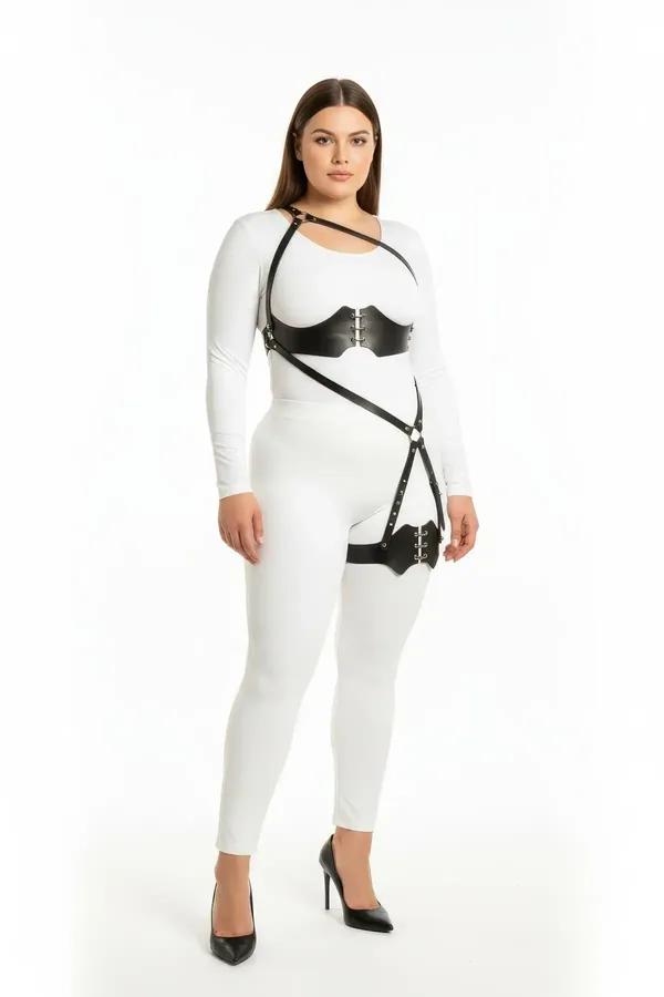 plus size black faux leather corset body harness with right thigh strap and silver hook-and-eye closures, worn over white bod