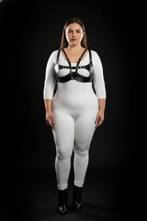 büyük beden siyah vegan deri harness takım açık kupa kafes tasarım gümüş metal toka